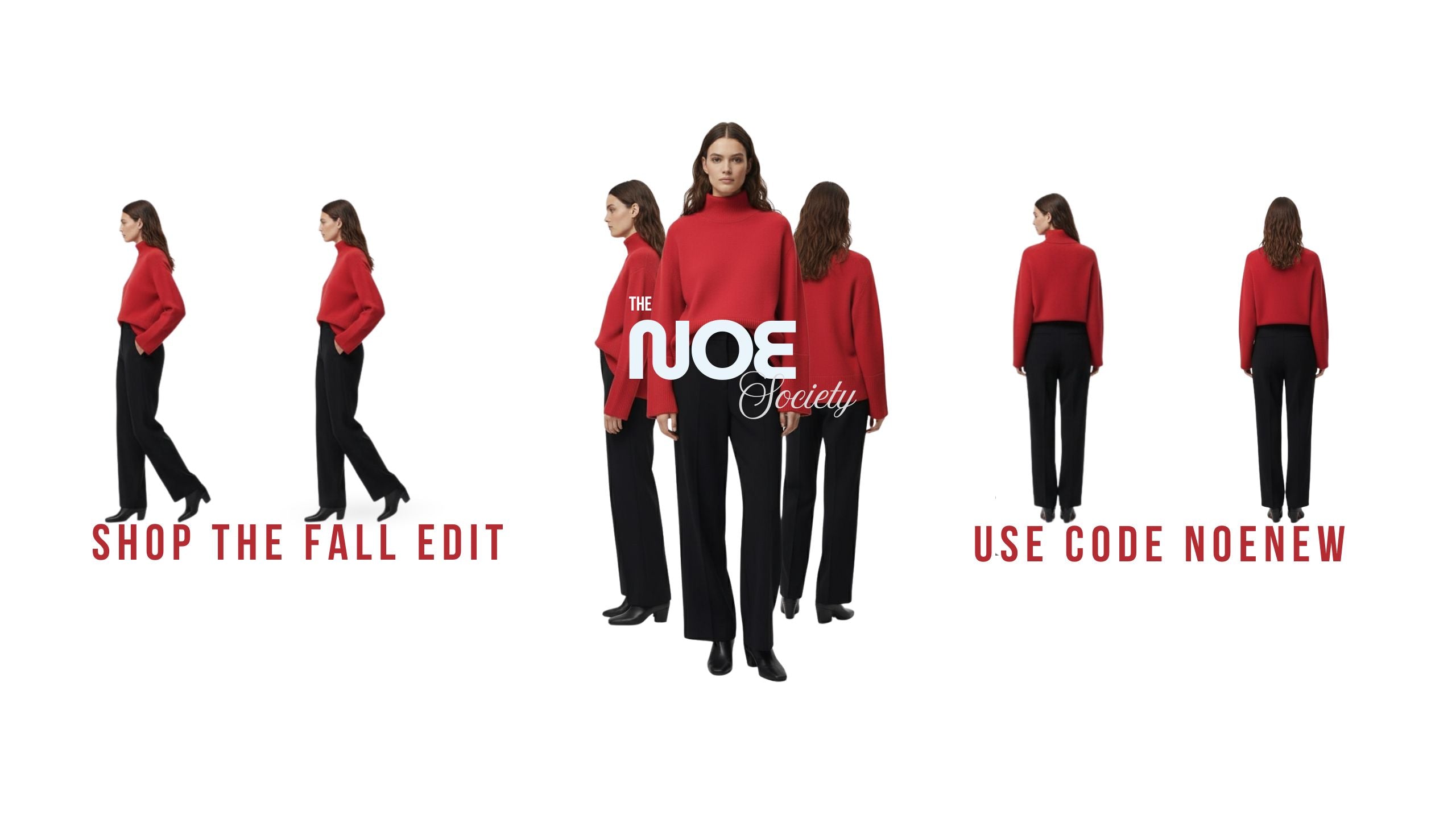 Woman in red sweater and black pants posing in multiple angles with 'NOE Society' branding.