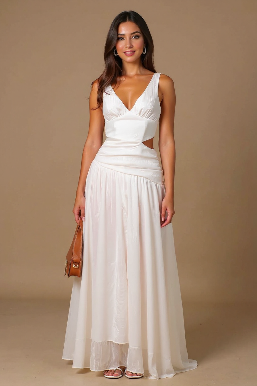 Woman wearing a white dress with cut-out design on a beige background