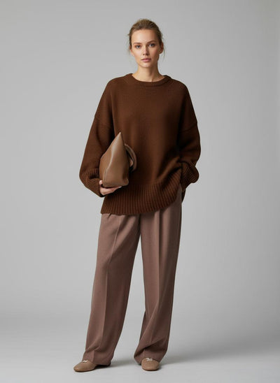 Woman wearing a brown sweater and pants holding a clutch against a gray background