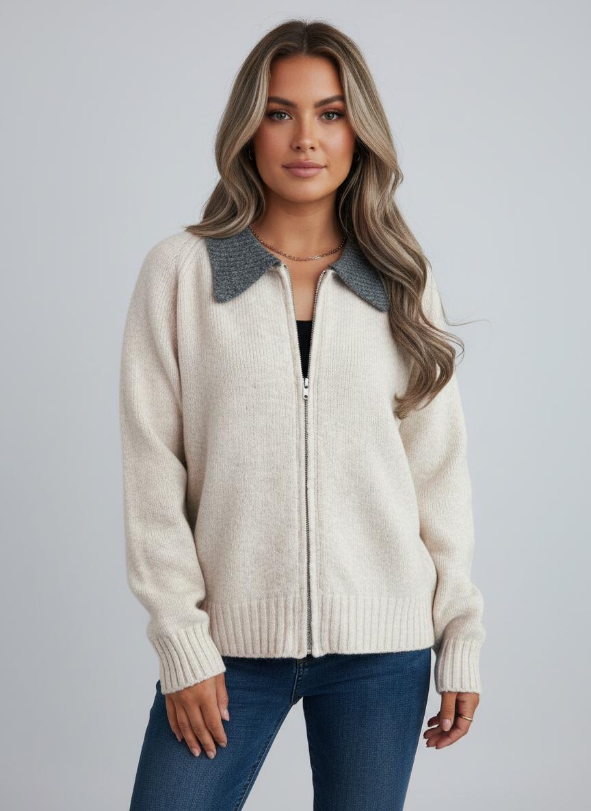 Noe Contrast Collar Zip-Up Cardigan