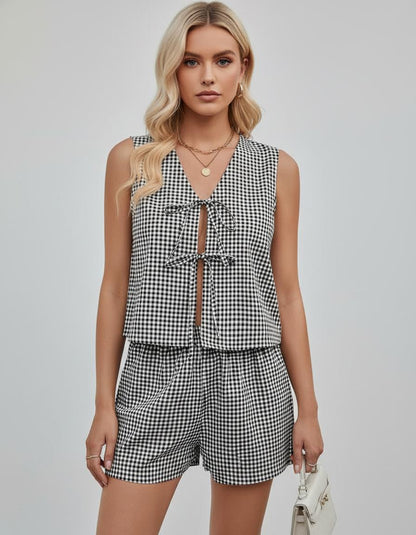 Noe Gingham Print Tie Front Top and Shorts Set