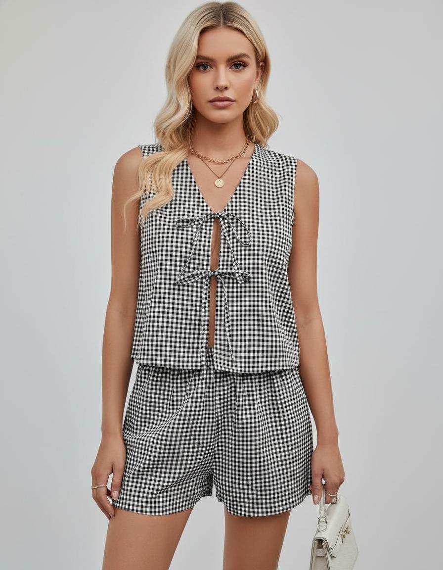 Noe Gingham Print Tie Front Top and Shorts Set