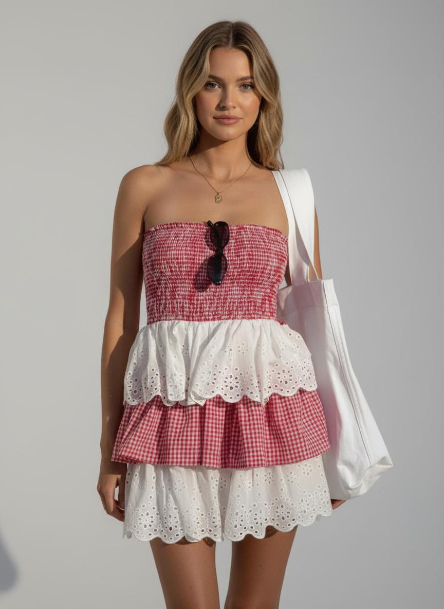 Noe Gingham Ruffle Layered Tube Dress