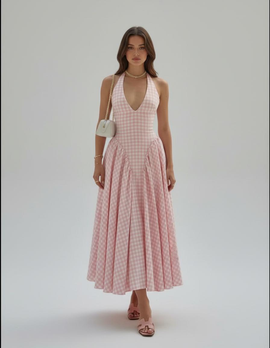 Noe Gingham Halter Neck Maxi Dress Plus Size