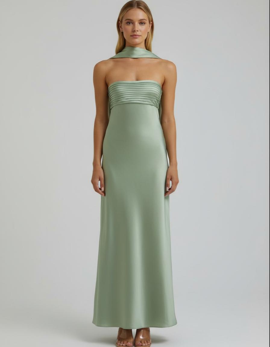 Woman wearing a green strapless gown on a plain background