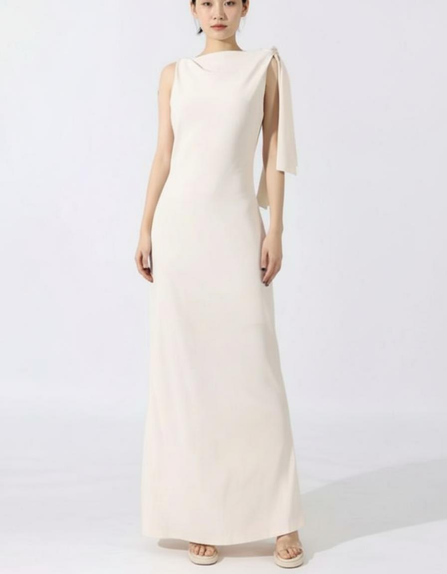 Woman wearing a long, light-colored dress with a plain background