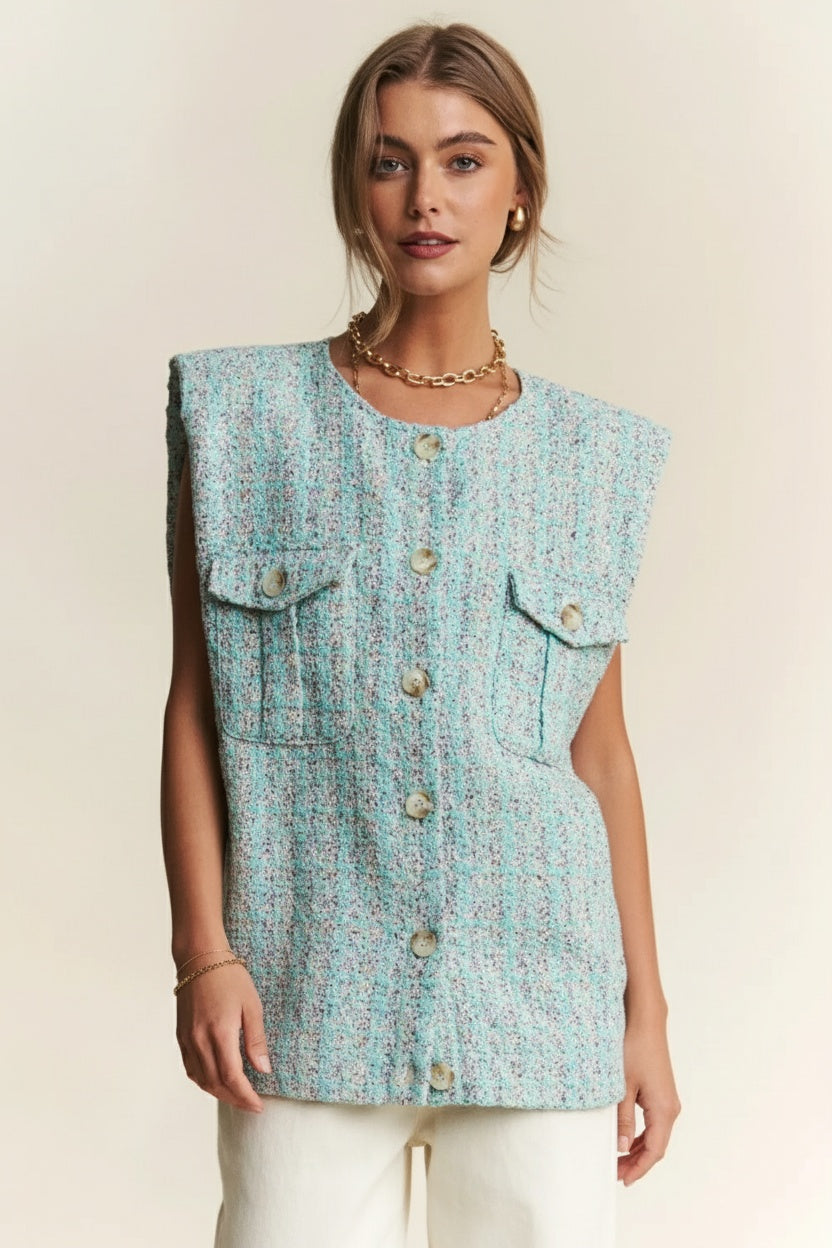 J.NNA Frayed Tweed Padded Shoulder Vest