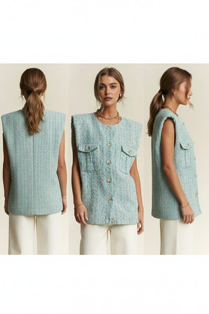 J.NNA Frayed Tweed Padded Shoulder Vest