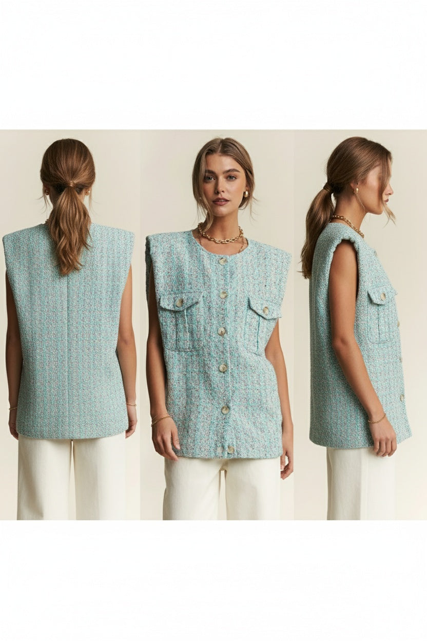 J.NNA Frayed Tweed Padded Shoulder Vest