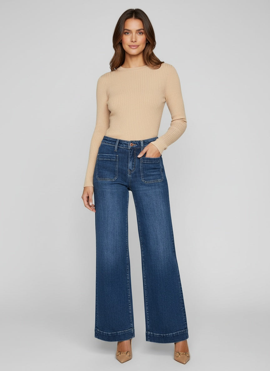 High Rise Front Pocket Patch Wide Leg Jeans
