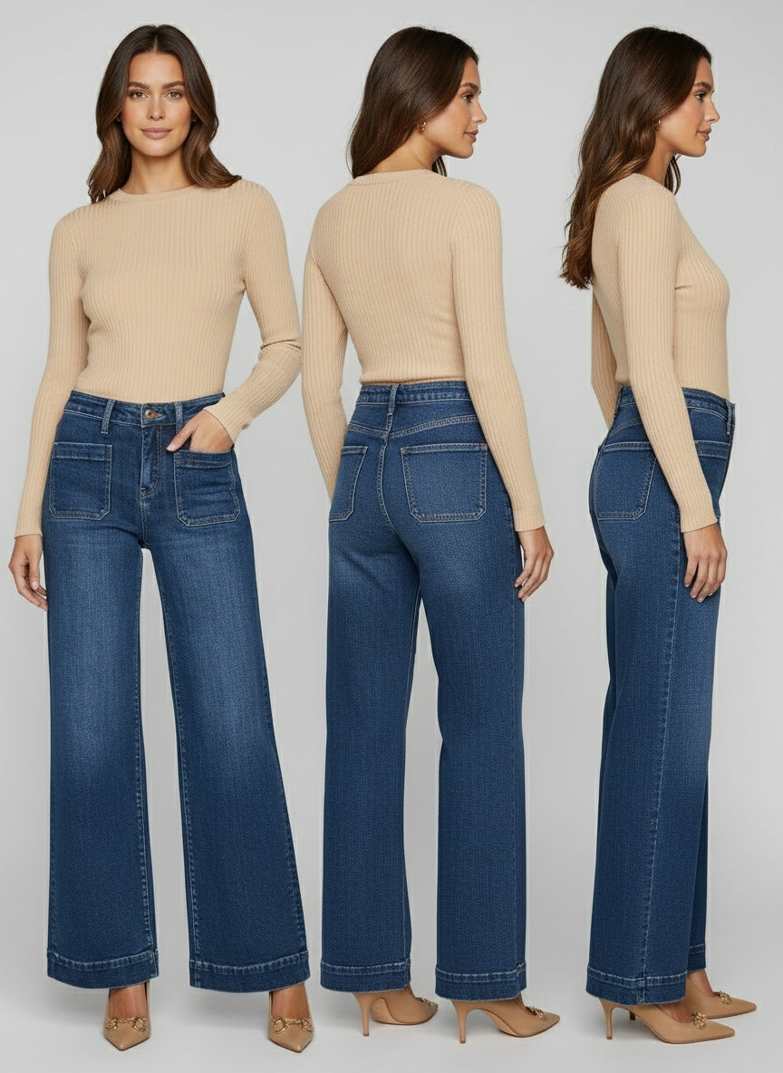 High Rise Front Pocket Patch Wide Leg Jeans