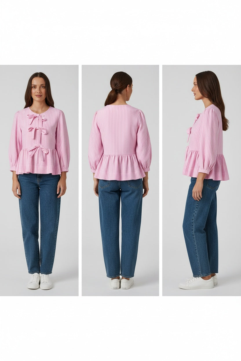 Tied Bow Striped Round Neck Blouse
