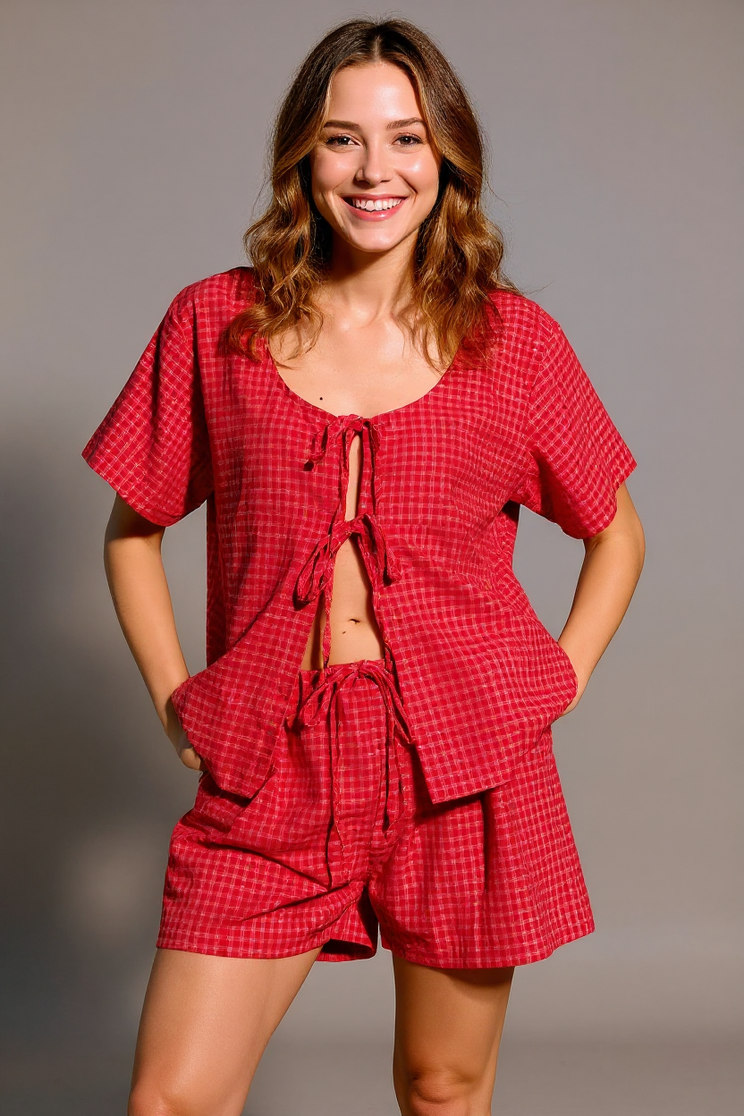 Woman wearing a red checkered outfit against a gray background