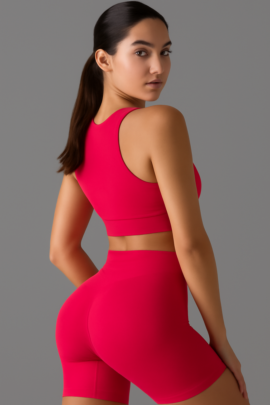 Woman wearing a red sports bra and shorts set on a gray background