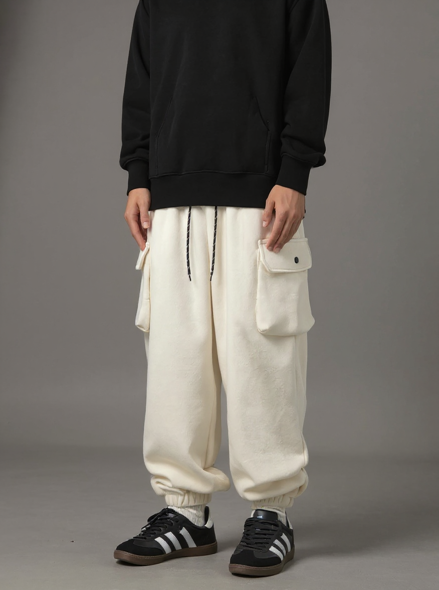 Person wearing a black hoodie and white cargo pants with a gray background