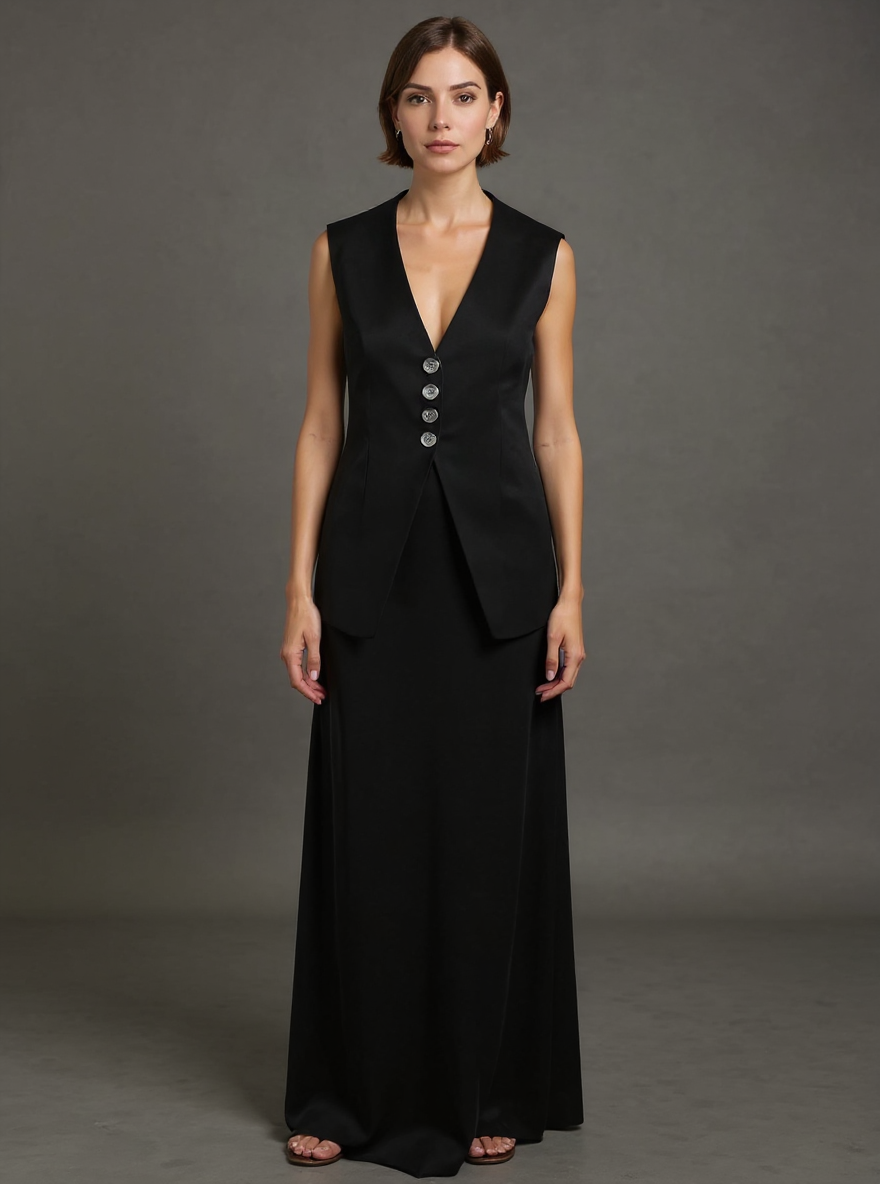 Woman wearing a black sleeveless dress with buttons on a gray background