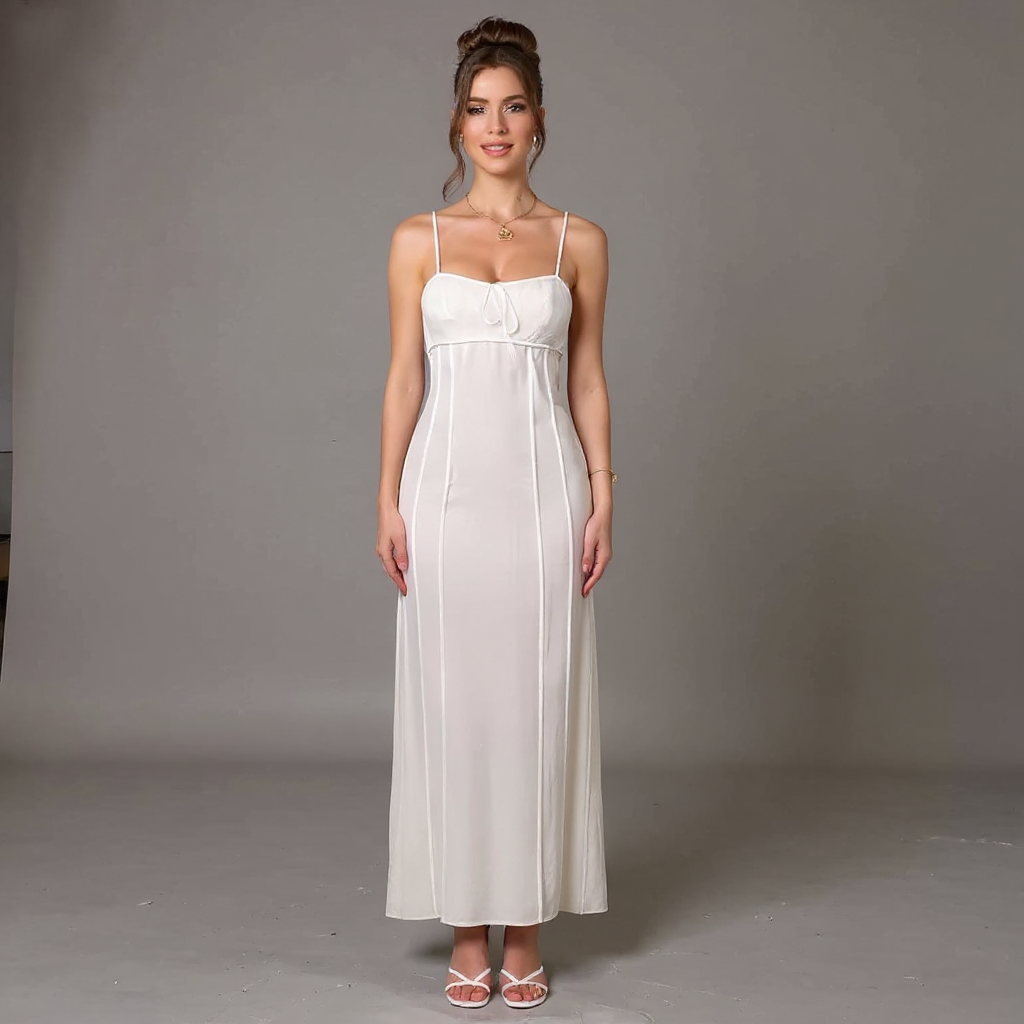 Woman wearing a white dress against a gray background
