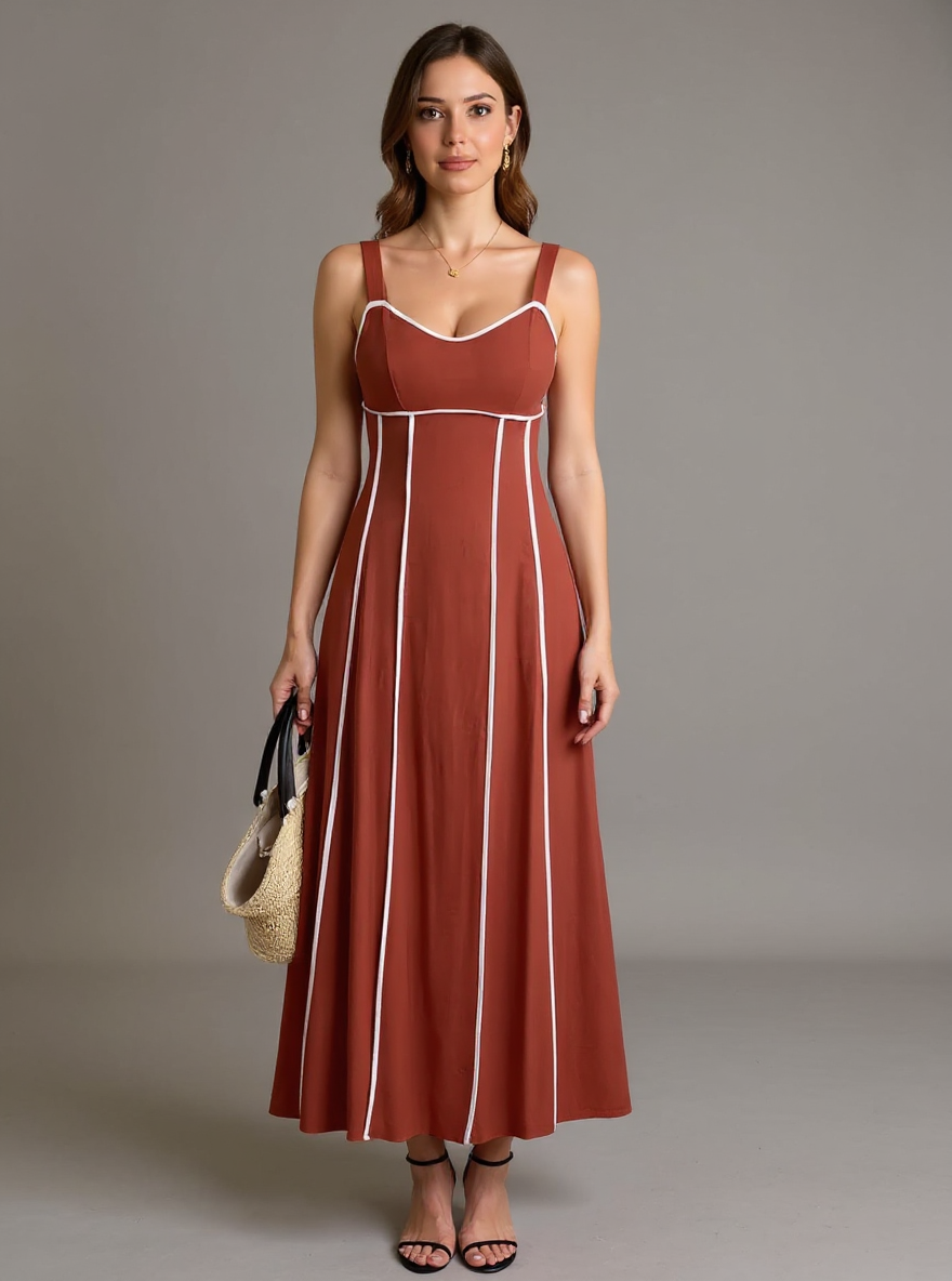 Woman wearing a rust-colored dress with white stripes against a gray background
