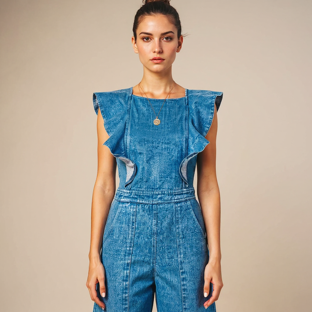 Woman wearing a blue denim jumpsuit with ruffled shoulders against a beige background
